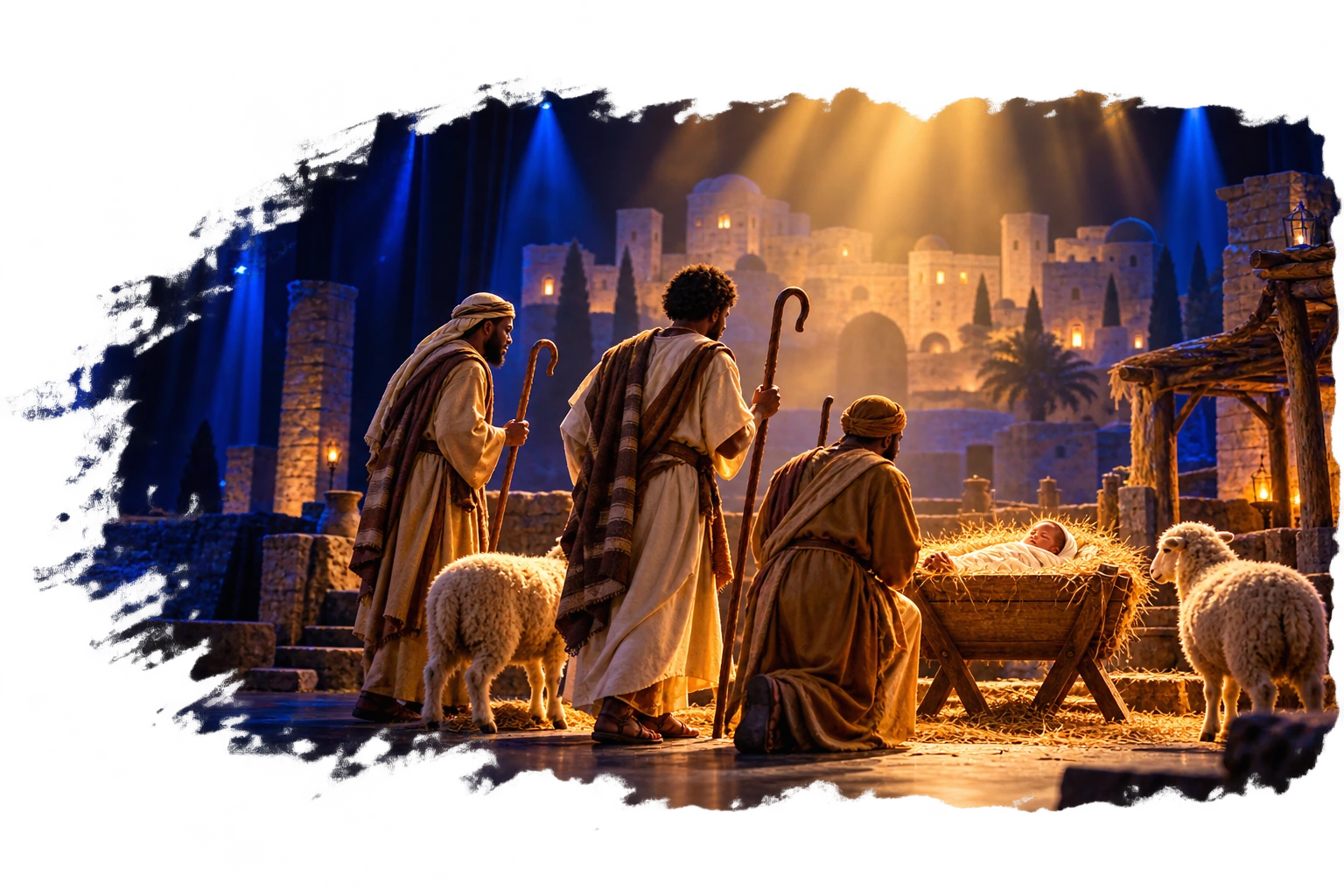 Shepherds and sheep gathered around baby Jesus in a manger beneath golden and blue stage lights